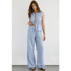 Pantaloni dama - cu dungi late - talie elastica - albastru - bumbac si poliester imagine