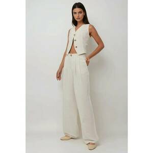 Pantaloni dama - plisati - talie inalta - culoare natur - bumbac imagine