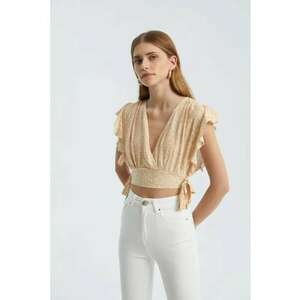 Top scurt - decolteu in V - nod lateral - bej - textil imagine