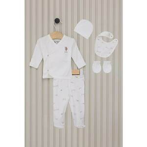 Set de bluza - pantaloni cu botosei - caciula - bavetica si manusi - 6 piese - Alb/Maro taupe imagine