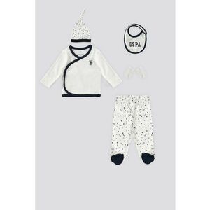 Set de bluza de bumbac - pantaloni cu botosei - bavetica - manusi si caciula - 5 piese - Alb/Albastru ultramarin imagine