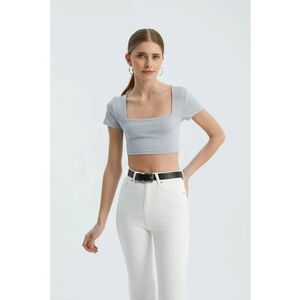 Top dama - crop basic - decolteu patrat - gri - jerseu imagine
