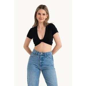 Top scurt - decolteu adanc in V - maneci scurte - negru - textil imagine