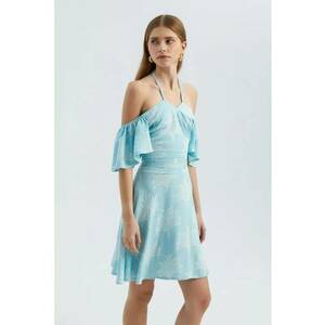 Rochie mini - imprimeu floral - umeri goi - albastra - textil imagine