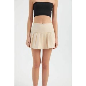 Fusta mini plisata dama - textil - talie inalta - bej imagine