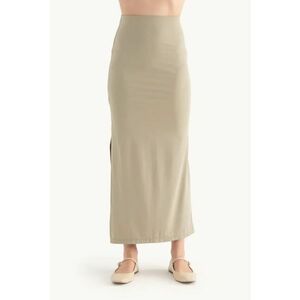 Fusta maxi dama - talie inalta - crapatura laterala - textil - verde imagine