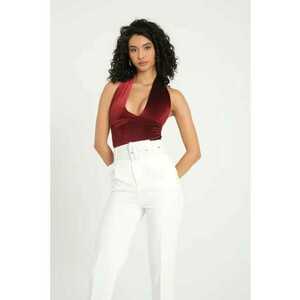 Body din catifea decolteu adanc - spate fara maneci - rosu - textil imagine