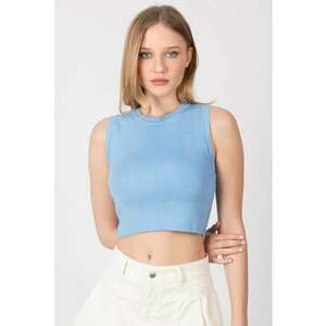 Top tricotat - crop cu guler rotund - albastru - material de inalta calitate - imagine