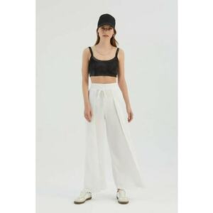 Pantaloni dama - drepti cu talie inalta si legaturi in fata - alb - textil imagine