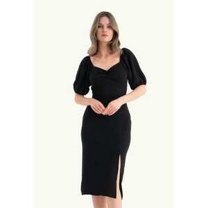 Rochie midi - decolteu in forma de inima - crapatura laterala - negru - textil imagine