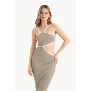 Rochie midi - un umar - decupaj lateral - bej - tricot imagine