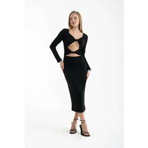 Rochie midi - maneca lunga - decolteu rotund - neagra - textil imagine