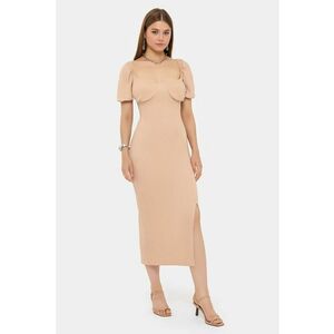 Rochie midi - decolteu in forma de inima - maneci bufante - bej - textil imagine