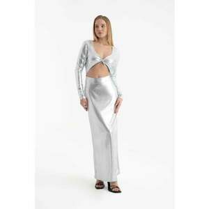 Rochie maxi - decolteu in V metalic - maneca lunga - gri - textil imagine