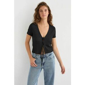 Bluza dama - maneca scurta - detalii de legat - negru - poliester si elastan imagine