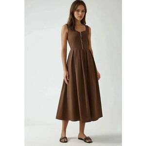 Rochie maxi - A-line - decolteu rotund - fermoar - maro - textil imagine