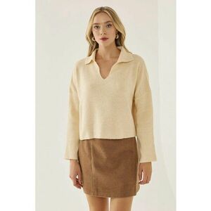 Pulover dama guler camasa - croiala lejera - natural - acril imagine