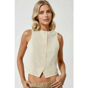 Vesta fara maneci - guler rotund - bej - material textil imagine