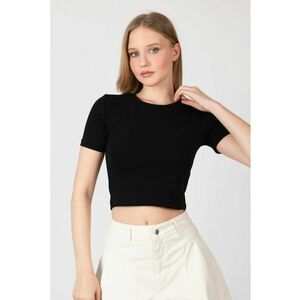 Tricou dama - scurt - guler rotund - negru - textil imagine