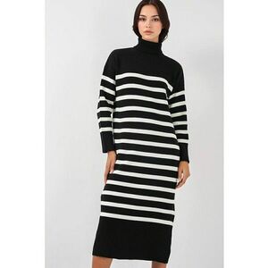Rochie tricotata guler inalt - dungi - material acril si lana - Negru - imagine