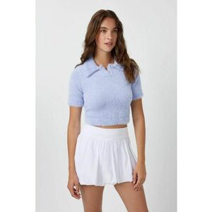 Top tricotat - top scurt cu guler polo - albastru - tricot - imagine
