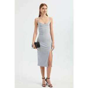 Rochie midi mulata - decolteu rotund - crapatura laterala - gri - jerseu imagine