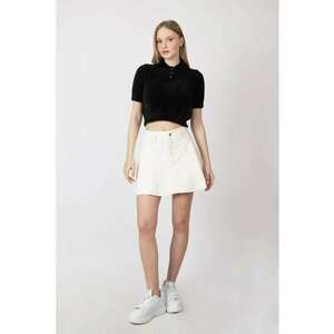 Pulover dama - pufos - guler camasa - maneca scurta - tricot - Negru - imagine