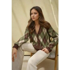 Cardigan lung tricotat model geometric cu decolteu in V si nasturi - tricot - Verde kaki - imagine