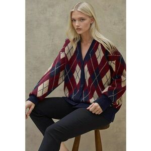 Cardigan lung tricotat geometric - decolteu in V - nasturi - tricot - Multicolor - imagine