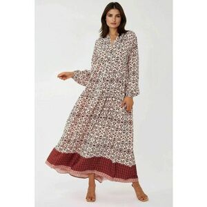 Rochie maxi - imprimeu - guler camasa - rosu - textil imagine