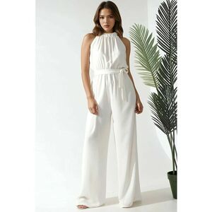 Salopeta dama - cu guler larg - decolteu halter - bej - bumbac imagine