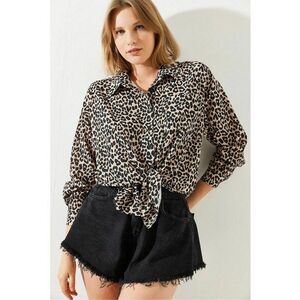 Camasa dama - camasa cu maneca lunga - imprimeu leopard - detalii cu pompoane - multicolor - imagine