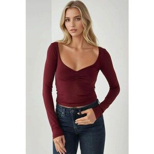 Top dama - slim fit - decolteu in V - rosu - jerseu imagine