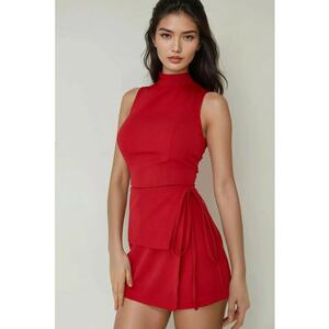 Rochie mini - mulata cu guler rotund si detalii de legaturi - rosie - bumbac imagine