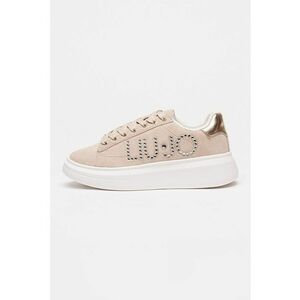 Pantofi sport wedge din piele intoarsa cu aplicatii logo - Maro taupe/Argintiu imagine