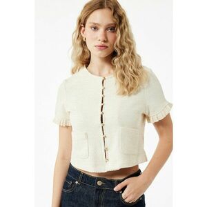 Bluza crop texturata cu mansete cu volane - Bej deschis imagine