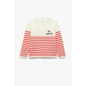Pulover cu dungi si maneci raglan - Alb fildes/Coral imagine