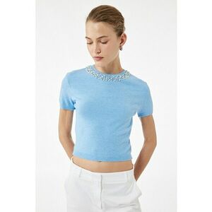 Tricou crop din tricot cu decolteu decorativ - Albastru deschis imagine