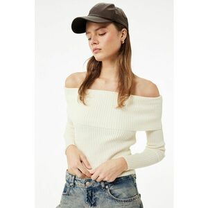 Pulover cu decolteu pe umeri si aspect striat - Alb fildes imagine