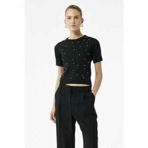 Pulover cu maneci scurte si margele - Negru/Transparent imagine