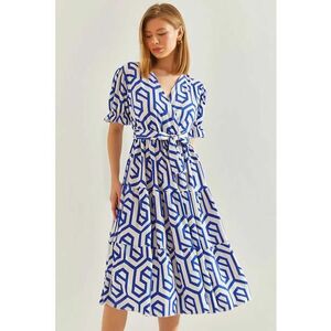 Rochie midi - decolteu in V - model geometric - albastru - viscoza - imagine