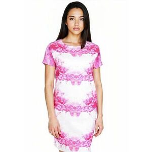 Rochie drapta cu maneci scurte - Fucsia/Alb optic imagine