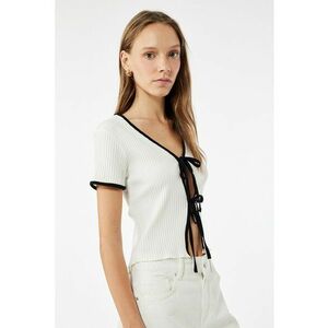Tricou striat cu decupaj si funde - Negru/Alb murdar imagine