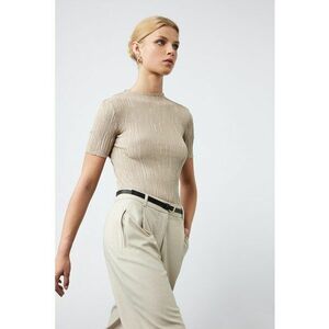 Pulover cambrat cu model texturat si maneci scurte - Maro taupe deschis imagine