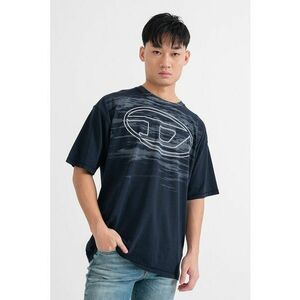 Tricou cu imprimeu logo si decolteu la baza gatului - Bleumarin imagine