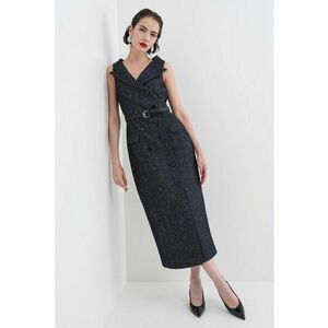 Rochie midi din amestec de lana cu nasturi si curea in talie - Albastru ultramarin/Alb murdar/Gri antracit imagine