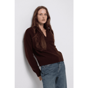 Pulover regular fit cu guler polo - Violet tyrian imagine