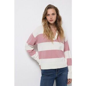Pulover polo cu model in dungi - Alb/Roz prafuit imagine