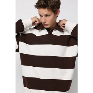 Bluza de trening polo cu model in dungi - Alb/Maro inchis imagine