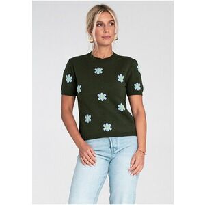 Pulover dama - verde - cu maneca scurta - model floral roz - tricotaj viscoza imagine